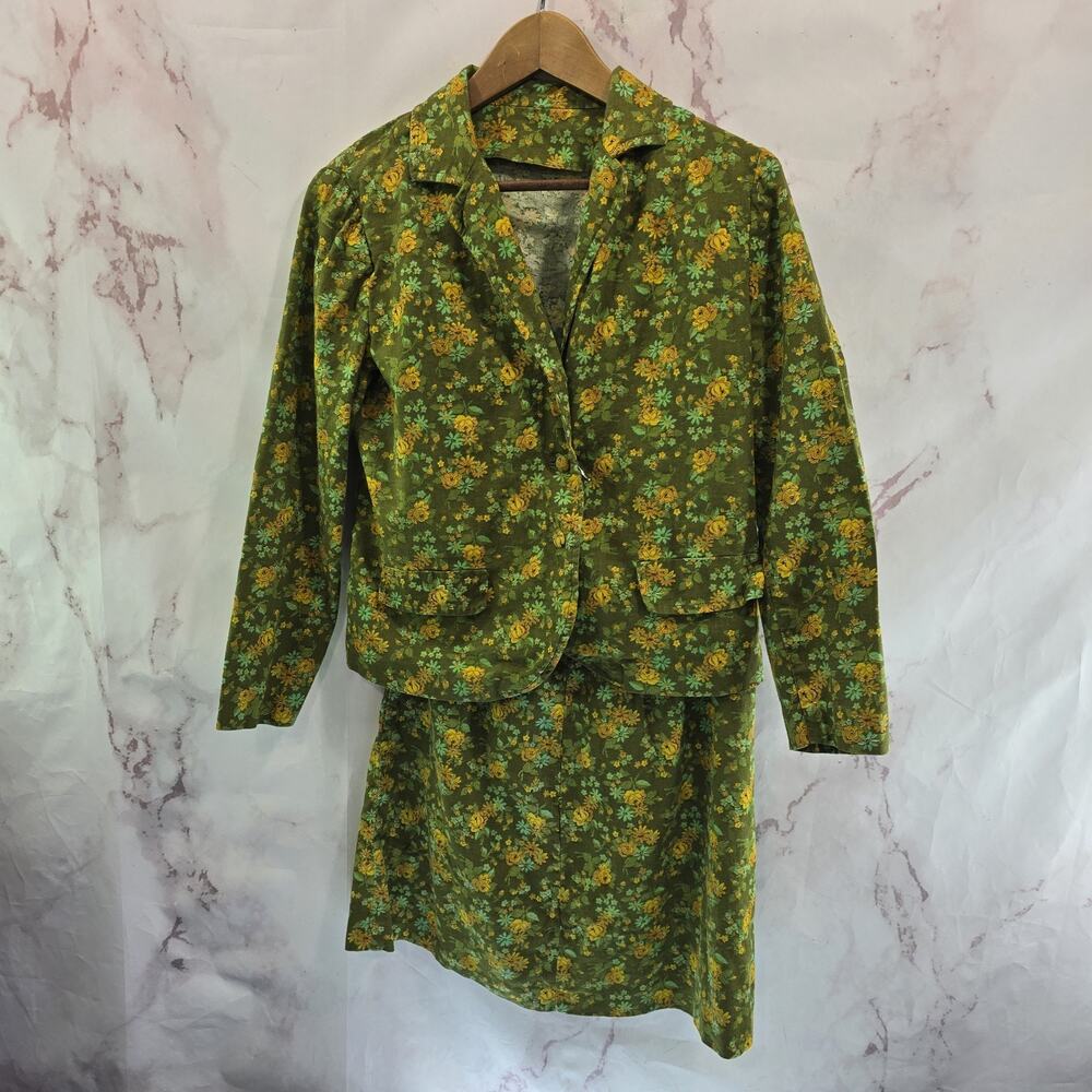 Vintage 60s Skirt Set Womens XS 2 26 Petite Prairie Floral Cottagecore Button